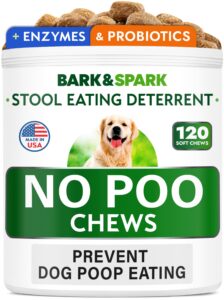 bark&spark no poo treats - prevent dog poop eating - coprophagia treatment - stool eating deterrent - probiotics & enzymes - digestive health + breath aid - 120 soft chews - usa made - bacon flavored