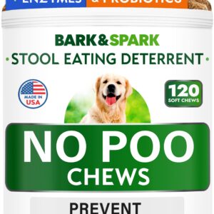 BARK&SPARK NO Poo Treats - Prevent Dog Poop Eating - Coprophagia Treatment - Stool Eating Deterrent - Probiotics & Enzymes - Digestive Health + Breath Aid - 120 Soft Chews - USA Made - Bacon Flavored