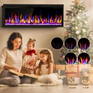 Smart 60" WiFi-Enabled Electric Fireplace Heater, Recessed in-Wall and Wall-Mounted Linear Fireplace,Compatible with Alexa,13 Adjustable Flame Color and 5 Brightness,1500/750 Watt Heater,Black