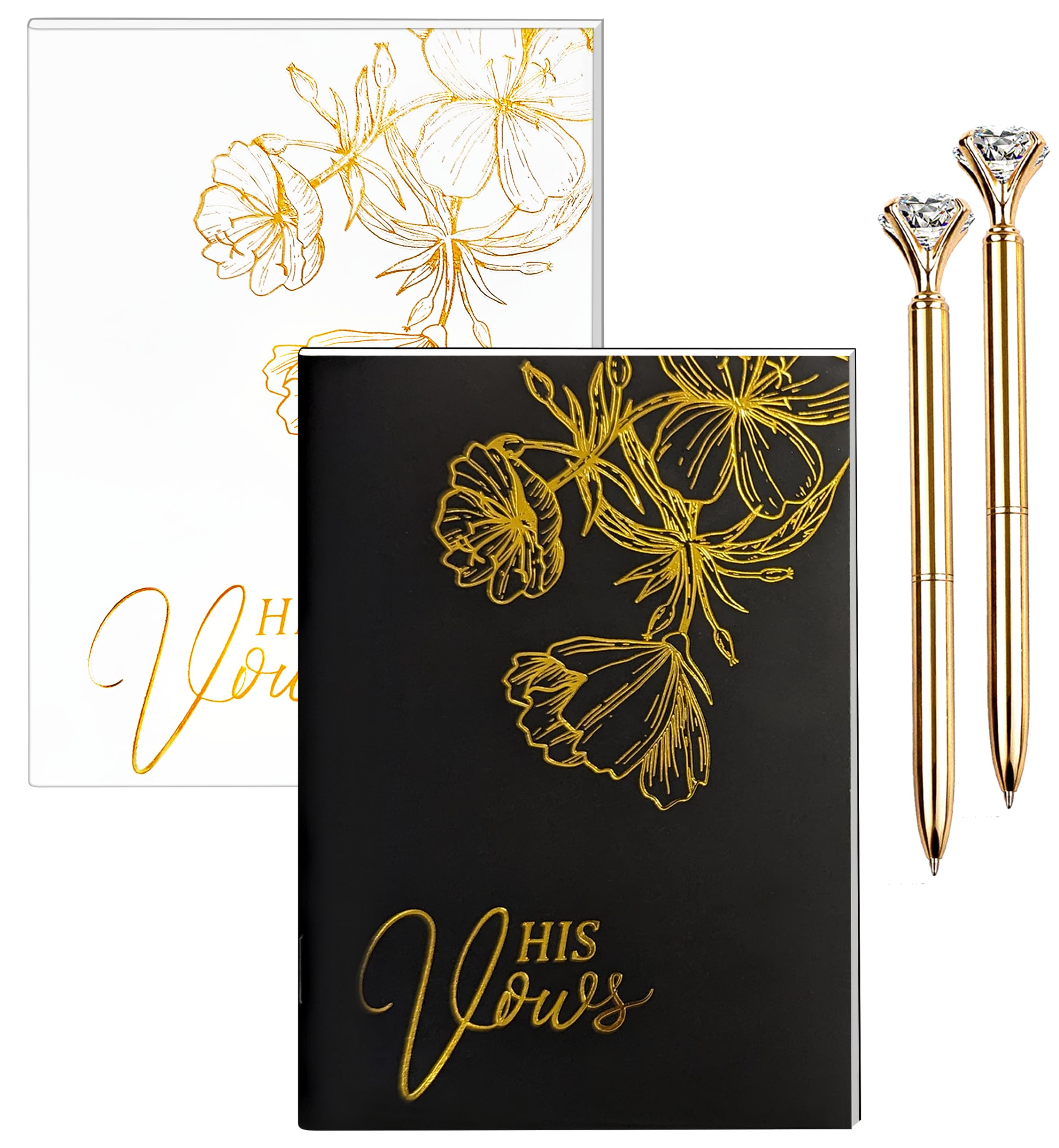 2 PCS Set of Vow Books - White and Black, His and Hers, with elegant Diamond Pens, The Perfect Bride and Groom Gift, for their Wedding Day