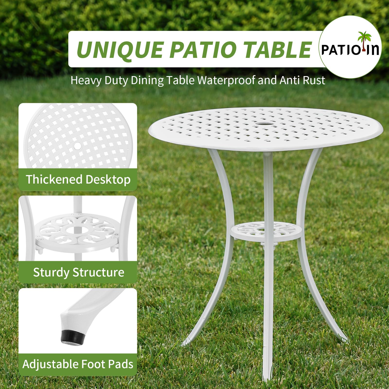 PATIO-IN 3 Piece Outdoor Bistro Set, Cast Aluminum Outdoor Bistro Table and Chairs Set of 2, Rust-Resistant Patio Furniture Set, White Bistro Set 3 Piece Outdoor for Garden, Backyard, Balcony