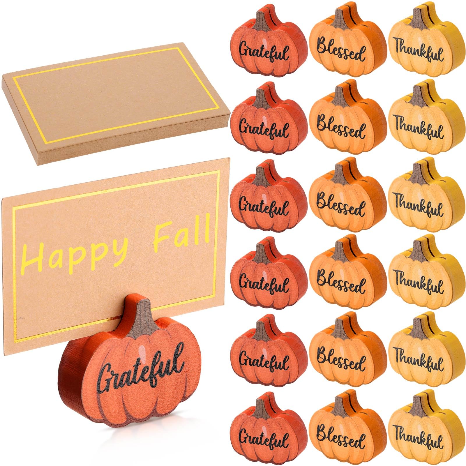 Tradder 18 Pcs Fall Pumpkin Place Card Holders with Gold Foil Card Harvest Thanksgiving Mini Pumpkin Name Card Photo Picture Stand Holder for Decorations Wedding (Yellow, Orange, Light Orange)