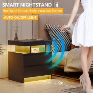 dnbss Nightstand with Charging Station and LED Light, Modern Night Stand with 2 Drawers, Smart Nightstand with USB Ports and Wireless Charger, Bedside Table for Bedroom, Black