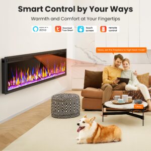 Smart 60" WiFi-Enabled Electric Fireplace Heater, Recessed in-Wall and Wall-Mounted Linear Fireplace,Compatible with Alexa,13 Adjustable Flame Color and 5 Brightness,1500/750 Watt Heater,Black