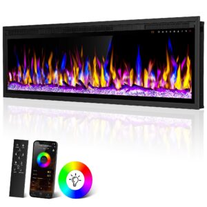 smart 60" wifi-enabled electric fireplace heater, recessed in-wall and wall-mounted linear fireplace,compatible with alexa,13 adjustable flame color and 5 brightness,1500/750 watt heater,black