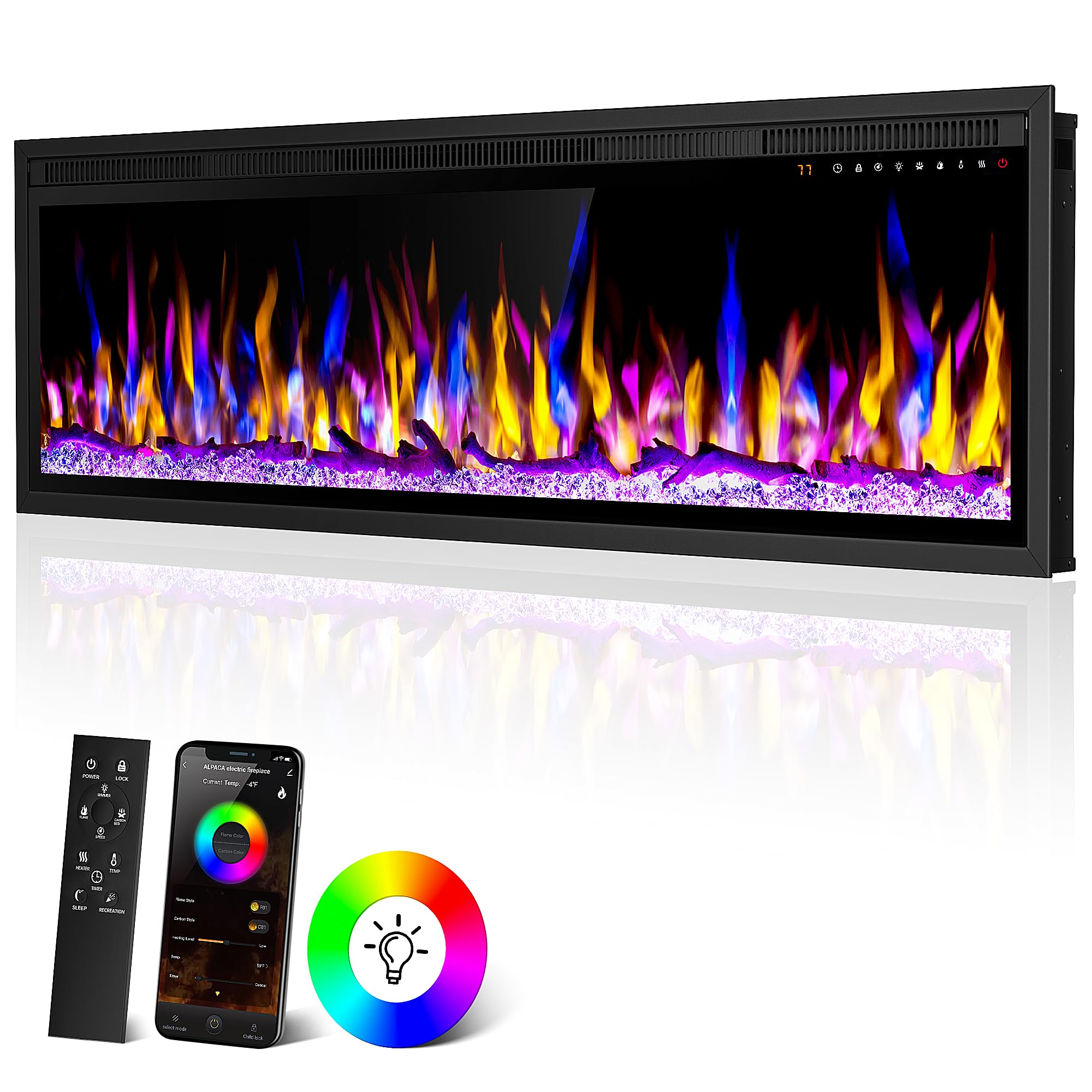 Smart 60" WiFi-Enabled Electric Fireplace Heater, Recessed in-Wall and Wall-Mounted Linear Fireplace,Compatible with Alexa,13 Adjustable Flame Color and 5 Brightness,1500/750 Watt Heater,Black