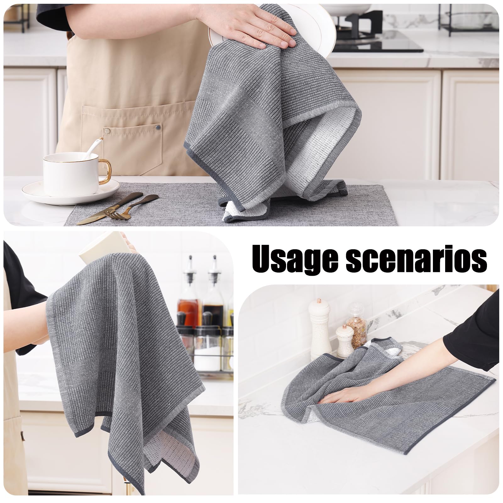 Homaxy Premium Kitchen Towels(18”x 28”, 6 Pack), Large Cotton Kitchen Hand Towels, Flat and Terry Dish Towels, 380 GSM Highly Absorbent Tea Towels Set with Hanging Loop, Grey