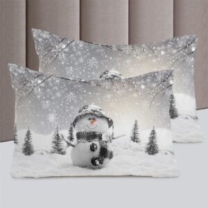 Debedcor Grey Snowman Christmas Bedding Cal. King Comforter Covers Sets, Gray Winter Snowflake Branch 4 Piece Duvet Cover Set Lightweight Microfiber Soft Bedding Set for Adult Teen, Xmas Forest Snow