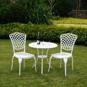 PATIO-IN 3 Piece Outdoor Bistro Set, Cast Aluminum Outdoor Bistro Table and Chairs Set of 2, Rust-Resistant Patio Furniture Set, White Bistro Set 3 Piece Outdoor for Garden, Backyard, Balcony