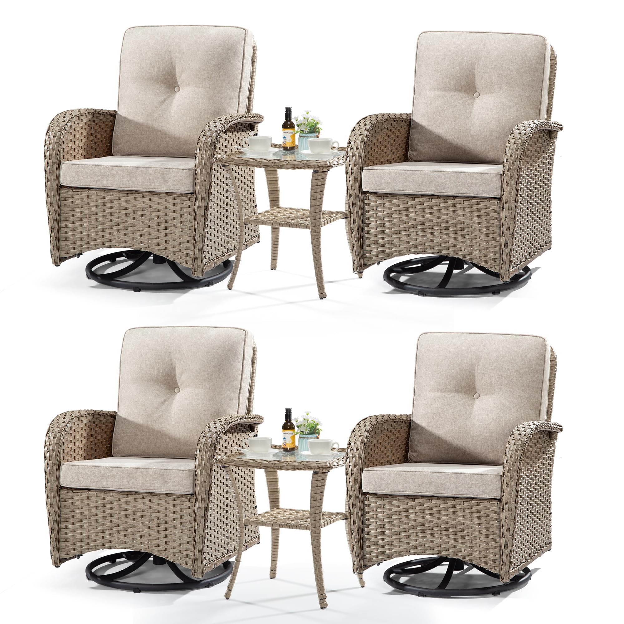 MeetLeisure Patio Swivel Glider Wicker Chairs - Outdoor Swivel Rocking Chairs Set of 4 with 2 Wicker Side Tables, Patio Swivel Rocker Chair 6 Piece Patio Furniture Sets(Natural Color/Beige)