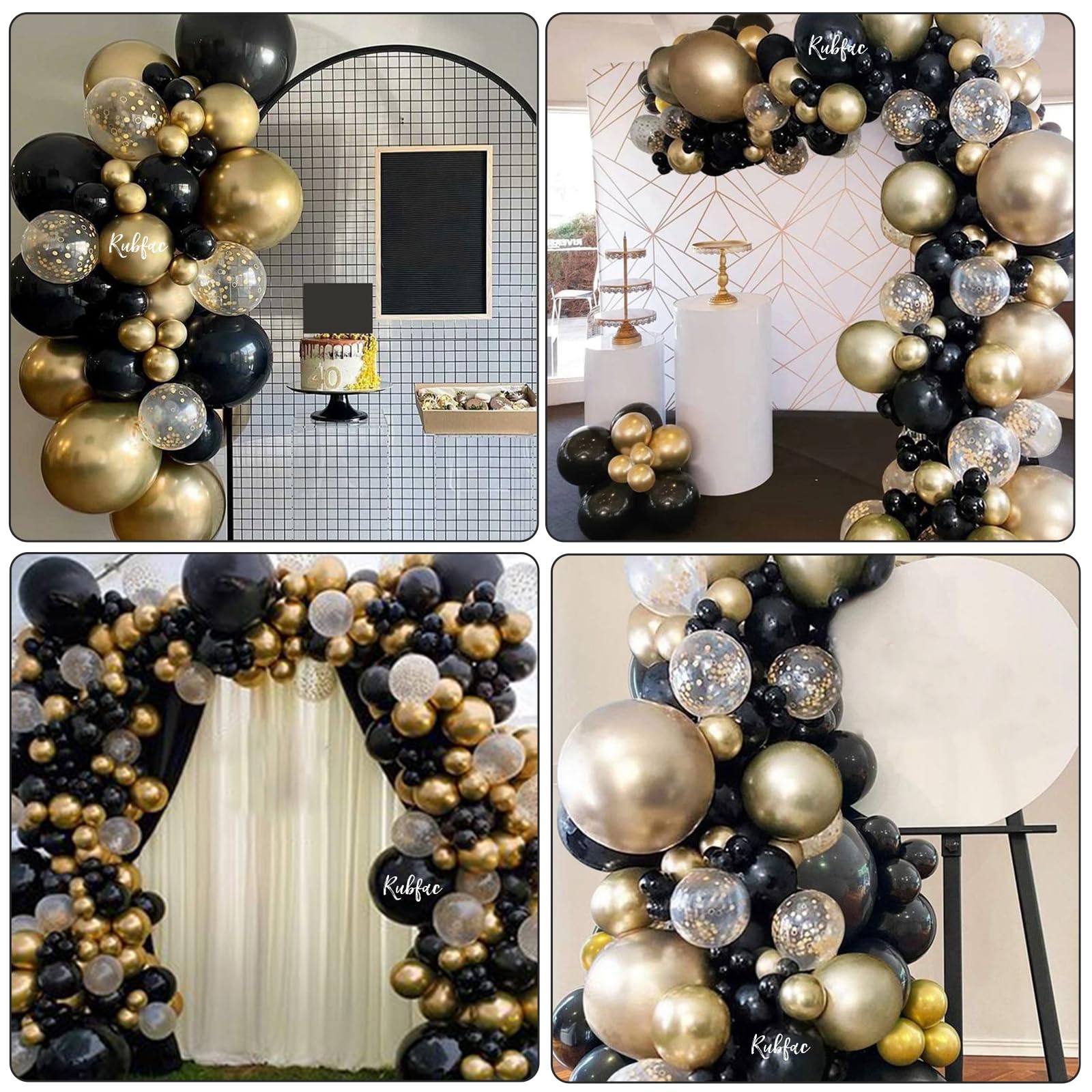 RUBFAC 65pcs 12 Inches Black Gold Balloons Kit, Black and Gold Confetti Balloons with Ribbons for Birthday, Wedding, Baby Shower, Graduation Decorations