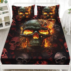 ailonen fire skull fitted sheet queen size, 3d skeleton bed sheet set for kids boys,fiery style black tint soft breathable,1 fitted sheet 2 pillowcases,3 pcs,soft microfibre