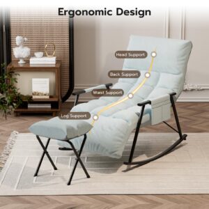 Apelila Rocking Chair with Footrest, Water Resistant Fabric, Folding Rocking Recliner Chair Nursery with Side Pocket & Adjustable High Back, Perfect for Gardens, Patios (Light Blue)