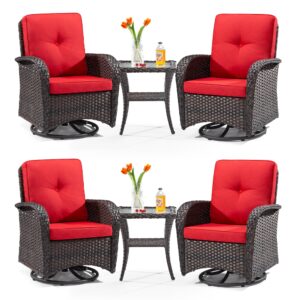 gardenbee patio swivel glider wicker chairs - outdoor swivel rocking chairs set of 4 with 2 wicker side tables, patio swivel rocker chair 6 piece patio furniture sets for patio porch deck(brown/red)