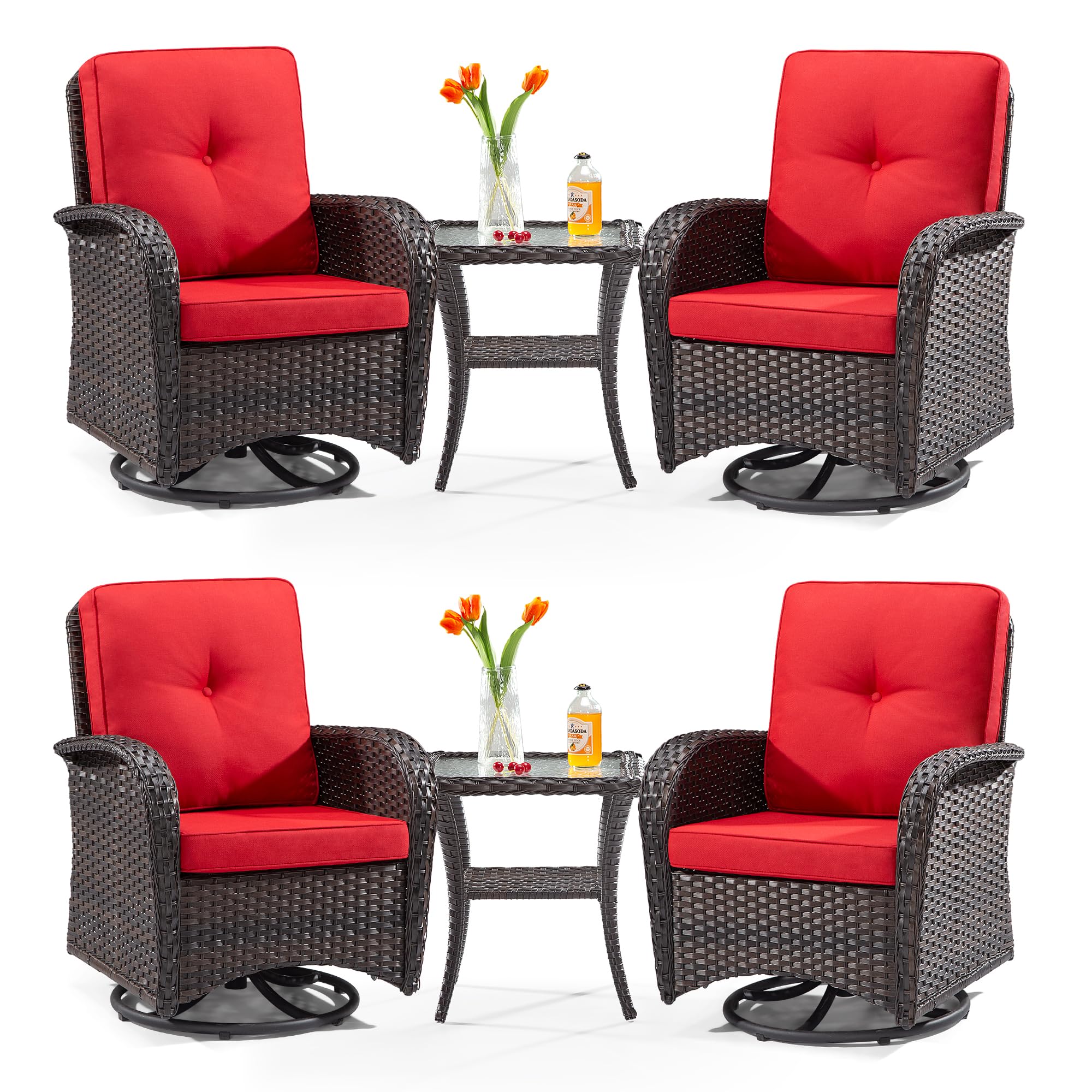 Gardenbee Patio Swivel Glider Wicker Chairs - Outdoor Swivel Rocking Chairs Set of 4 with 2 Wicker Side Tables, Patio Swivel Rocker Chair 6 Piece Patio Furniture Sets for Patio Porch Deck(Brown/Red)