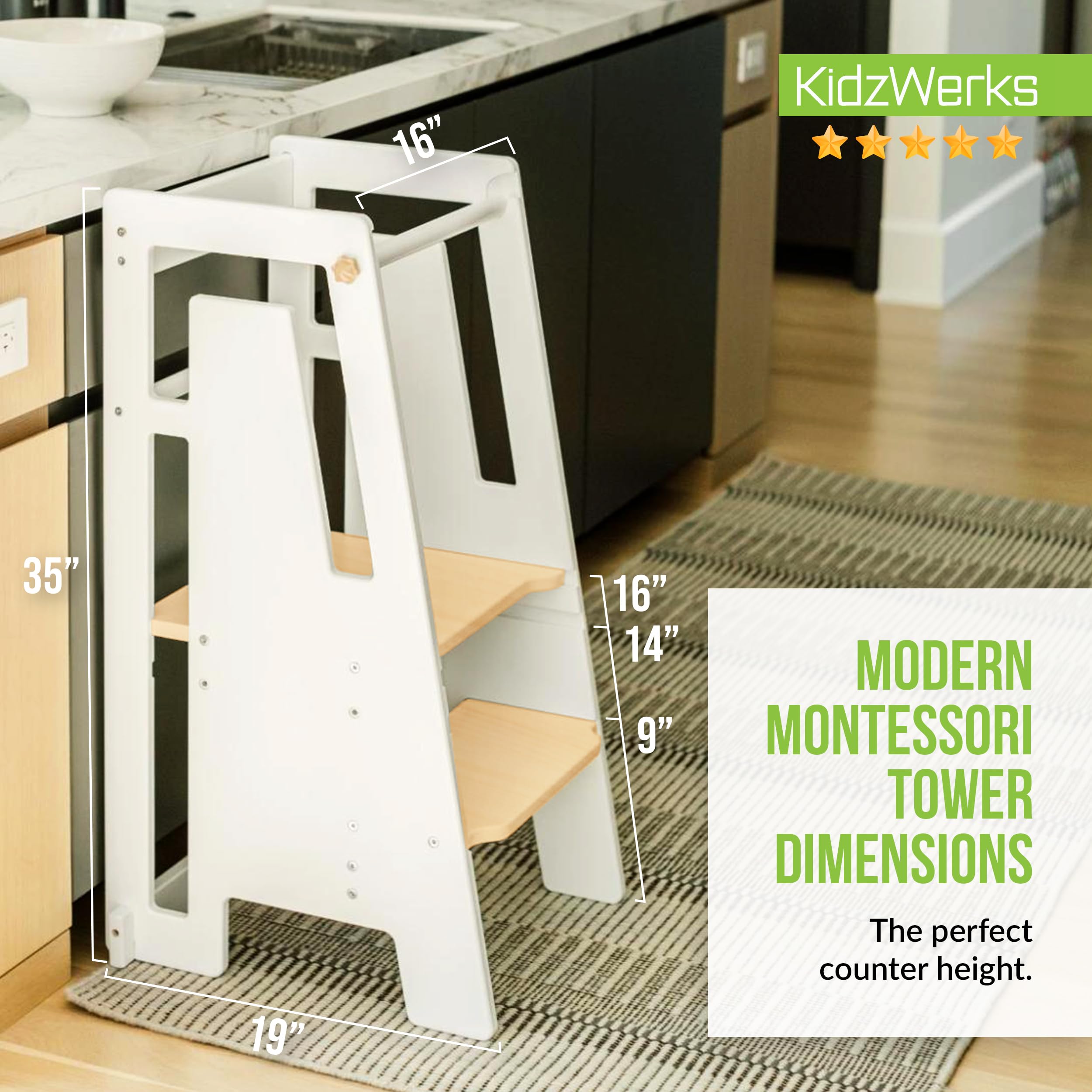 KidzWerks Modern Toddler Tower, Montessori Kitchen Step Stool, Sleek Modern Design Adjustable Standing Platform for Kitchen Counter - White/Wood Modern Standing Tower