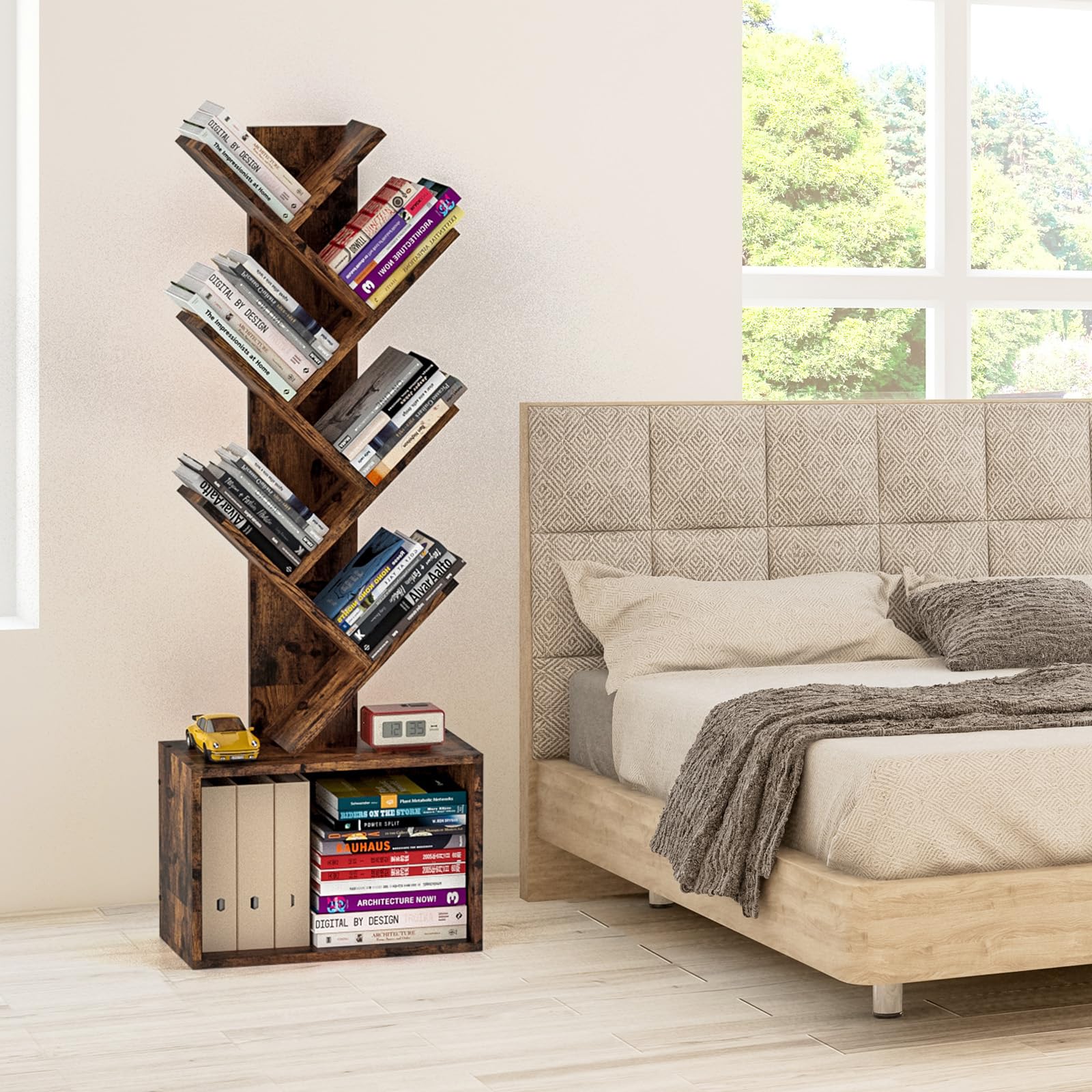 Art-GIFTREE Wood Tree Bookshelf 6 Tier, Sturdy Retro Floor Standing Bookcase, Storage Rack for Home Office, Bedroom, Living Room, Reading Spot, Heavy Book Organizer Shelves for CDs/DVDs/Movies