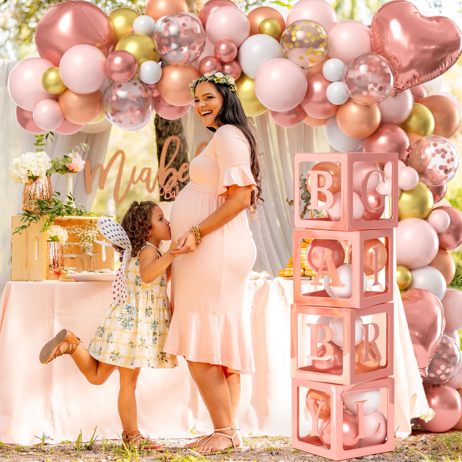 Winrayk Floral Baby Shower Decorations for Girl, Baby Boxes with Letters, Rose Gold Pink Balloon Arch Backdrop Tablecloth Heart Foil Balloon, Birthday Party Decor Girl Baby Shower Decorations