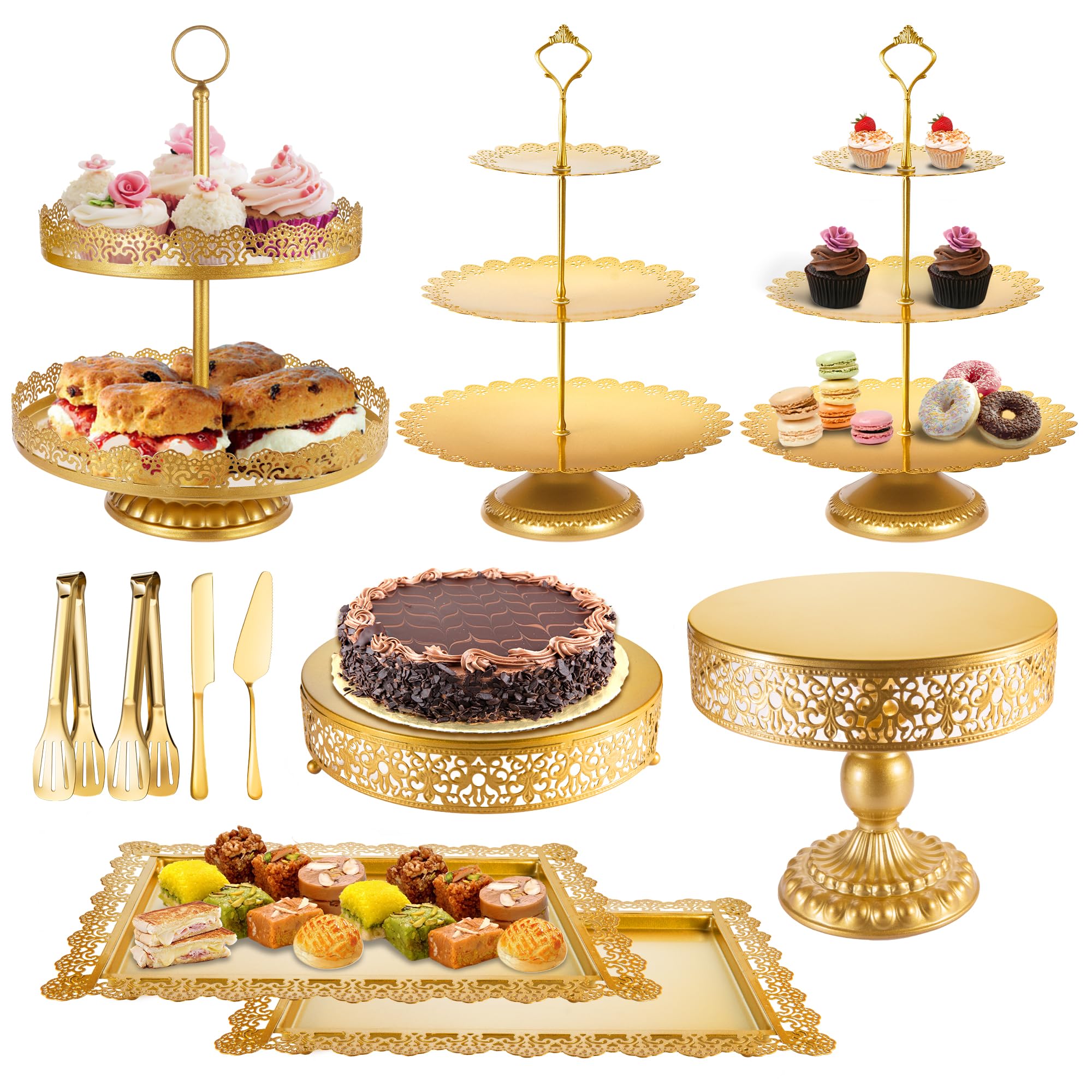 ELIMTEC Gold Cake Stand Metal Dessert Table Display Set Tiered Cupcake Holder Fruit Candy Donut Plate Serving Tower Tray Platter (Gold)