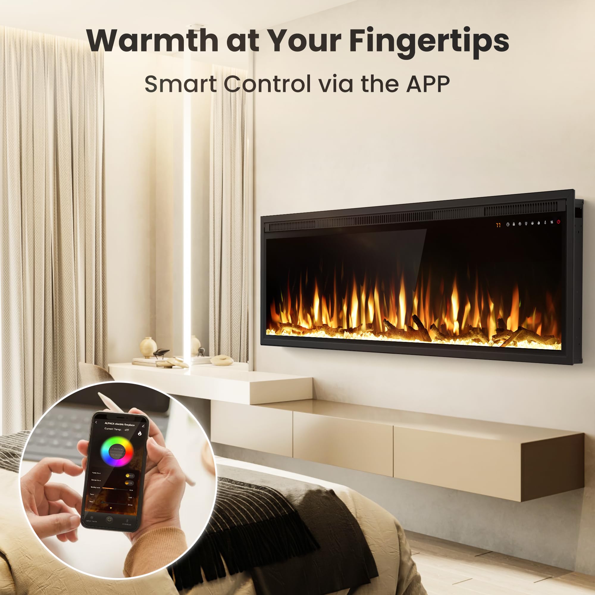 Smart 60" WiFi-Enabled Electric Fireplace Heater, Recessed in-Wall and Wall-Mounted Linear Fireplace,Compatible with Alexa,13 Adjustable Flame Color and 5 Brightness,1500/750 Watt Heater,Black