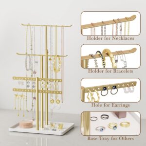 susswiff Jewelry Holder Organizer Stand - Adjustable Jewelry Tree 17.5" Height (Max), Jewlery Hanger for Necklaces, Bracelets, Earrings, Aesthetic for Storage and Display, Metal, Gold and White