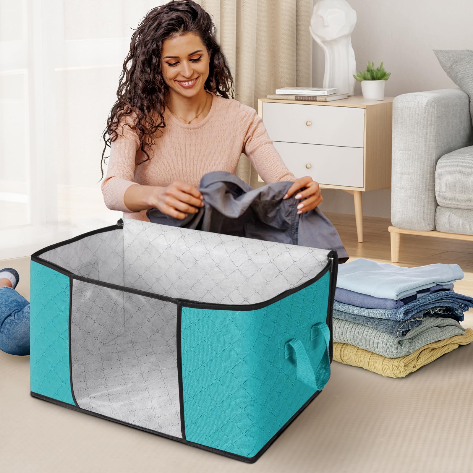 Fab totes 2 Pack Clothes Storage, Foldable Blanket Storage Bags, Storage Containers for Organizing Bedroom, Closet, Clothing, Comforter, Organization and Storage with Lids and Handle, Green