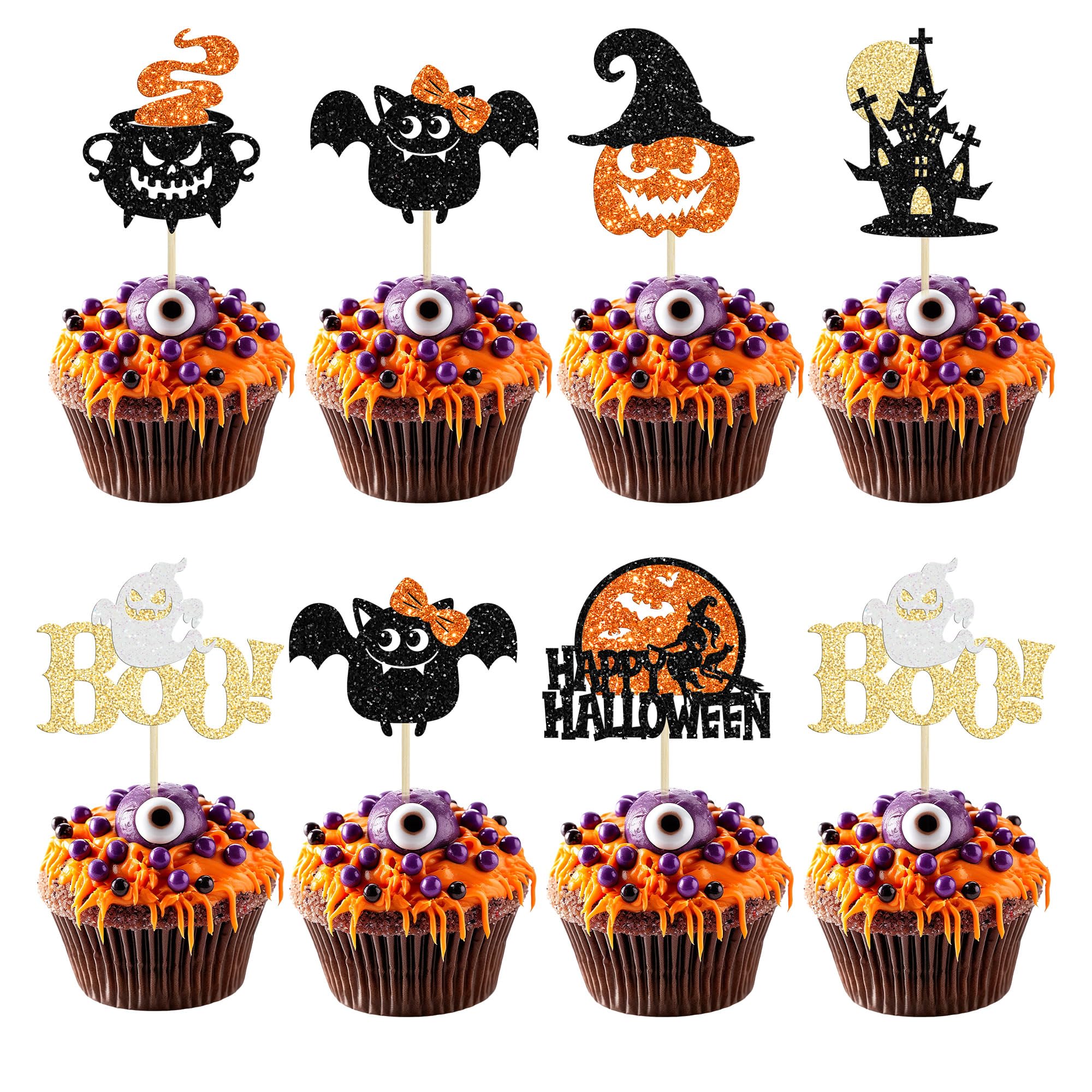 24Pcs Happy Halloween Cupcake Toppers Glitter Halloween Cupcake Picks Bat Pumpkin Ghost Cupcake Decorations for Halloween Theme Baby Shower Birthday Party Cake Supplies