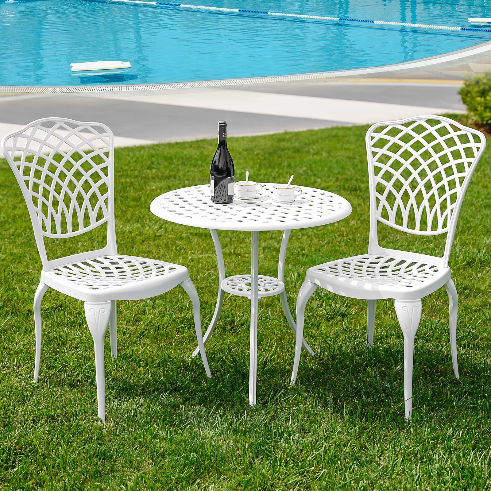 PATIO-IN 3 Piece Outdoor Bistro Set, Cast Aluminum Outdoor Bistro Table and Chairs Set of 2, Rust-Resistant Patio Furniture Set, White Bistro Set 3 Piece Outdoor for Garden, Backyard, Balcony