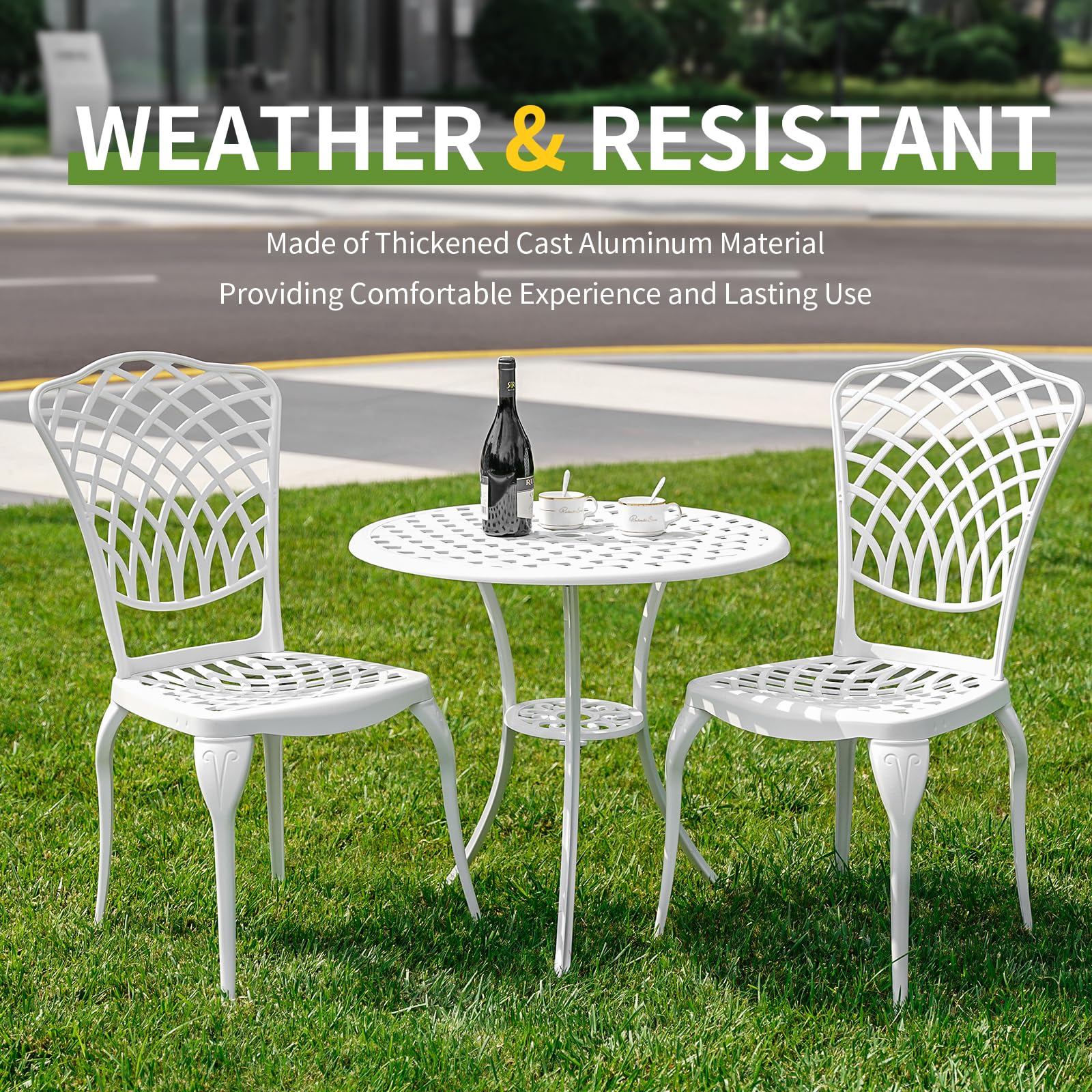 PATIO-IN 3 Piece Outdoor Bistro Set, Cast Aluminum Outdoor Bistro Table and Chairs Set of 2, Rust-Resistant Patio Furniture Set, White Bistro Set 3 Piece Outdoor for Garden, Backyard, Balcony