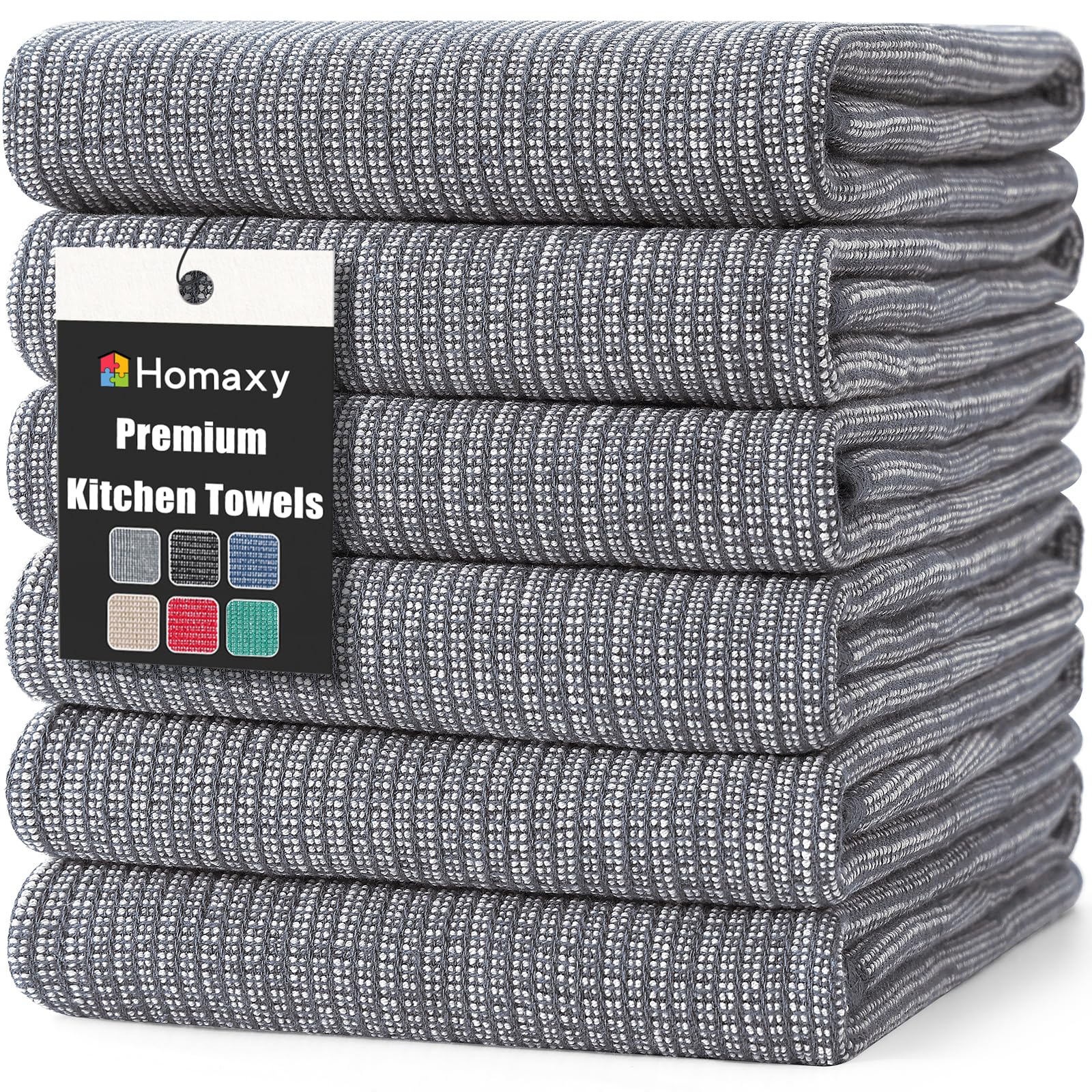 Homaxy Premium Kitchen Towels(18”x 28”, 6 Pack), Large Cotton Kitchen Hand Towels, Flat and Terry Dish Towels, 380 GSM Highly Absorbent Tea Towels Set with Hanging Loop, Grey