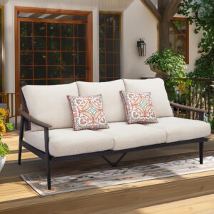 natural expressions patio sofa outdoor furniture metal chair with wicker backrest & 6 inches cushion for indoor, front porch, deck, balcony, backyard, sunroom, 73.35"(l) x 29.75"(w) x 33.86"(h).