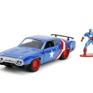 Jada 1972 Plymouth GTX Candy Blue with Red and White Stripes and Captain America Diecast Figure The Avengers Hollywood Rides Series 1/32 Diecast Model Car