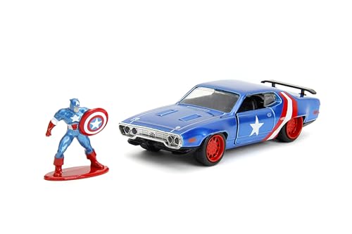 Jada 1972 Plymouth GTX Candy Blue with Red and White Stripes and Captain America Diecast Figure The Avengers Hollywood Rides Series 1/32 Diecast Model Car