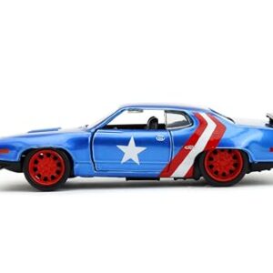 Jada 1972 Plymouth GTX Candy Blue with Red and White Stripes and Captain America Diecast Figure The Avengers Hollywood Rides Series 1/32 Diecast Model Car