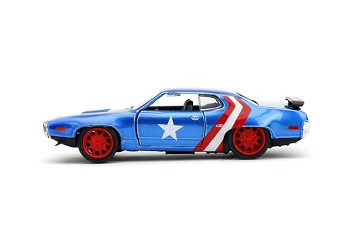 Jada 1972 Plymouth GTX Candy Blue with Red and White Stripes and Captain America Diecast Figure The Avengers Hollywood Rides Series 1/32 Diecast Model Car