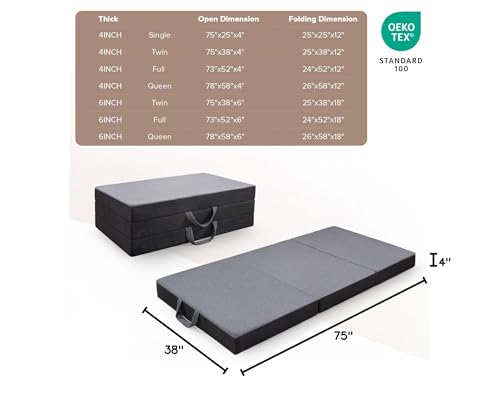 Vamcheer Tri Folding Mattress Twin Size - 3 Inch Foldable Mattress for Travel/RV/Camping/Guest Room/Yoga, Tri-fold Memory Foam Mattress with Washable Cover, Handle & Non-Slip Bottom, 75"x38"x3"