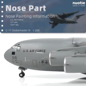 NUOTIE 1/200 C-17 GlobemasterⅢ Diecast Airplane Model Kits with Stand Harbor-Hickam AFB Transport Metal Airplane Model Pre-Build Military Aircraft (535th Airlift Squadron)