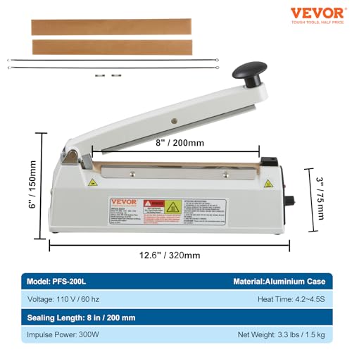 VEVOR Impulse Sealer 8 inch, Manual Heat Sealing Machine with Adjustable Heating Mode, Aluminum Shrink Wrap Bag Sealers for Plastic Mylar PE PP Bags, Portable Poly Bag Sealer with Extra Replace Kit