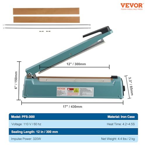 VEVOR Impulse Sealer 12 inch, Manual Heat Seal Machine with Adjustable Heating Mode, Iron Shrink Wrap Bag Sealers for Plastic Mylar PE PP Bags, Portable Poly Bag Sealing Machine with Extra Replace Kit