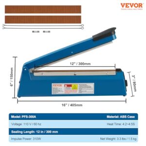 VEVOR Impulse Sealer12inch,Manual Heat Seal Machine with Adjustable Heating Mode,ABS Shrink Wrap Bag Sealers for Plastic Mylar PE PP Bags,Portable Poly Bag Sealing Machine with Extra Replace Kit, Blue