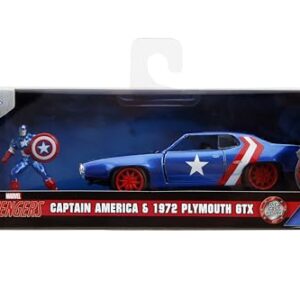 Jada 1972 Plymouth GTX Candy Blue with Red and White Stripes and Captain America Diecast Figure The Avengers Hollywood Rides Series 1/32 Diecast Model Car