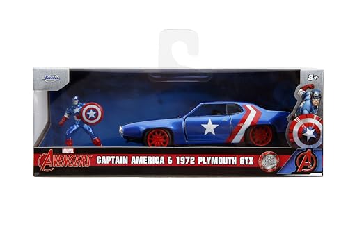 Jada 1972 Plymouth GTX Candy Blue with Red and White Stripes and Captain America Diecast Figure The Avengers Hollywood Rides Series 1/32 Diecast Model Car