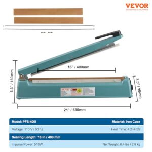 VEVOR Impulse Sealer 16 inch, Manual Heat Seal Machine with Adjustable Heating Mode, Iron Shrink Wrap Bag Sealers for Plastic Mylar PE PP Bags, Portable Poly Bag Sealing Machine with Extra Replace Kit