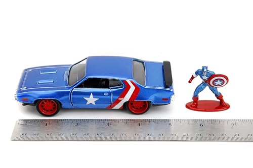 Jada 1972 Plymouth GTX Candy Blue with Red and White Stripes and Captain America Diecast Figure The Avengers Hollywood Rides Series 1/32 Diecast Model Car