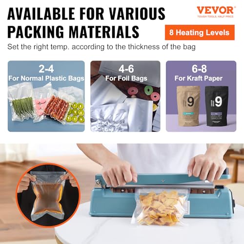 VEVOR Impulse Sealer 12 inch, Manual Heat Seal Machine with Adjustable Heating Mode, Iron Shrink Wrap Bag Sealers for Plastic Mylar PE PP Bags, Portable Poly Bag Sealing Machine with Extra Replace Kit