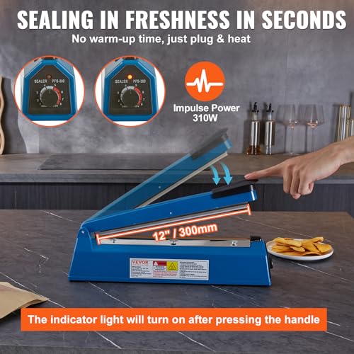 VEVOR Impulse Sealer12inch,Manual Heat Seal Machine with Adjustable Heating Mode,ABS Shrink Wrap Bag Sealers for Plastic Mylar PE PP Bags,Portable Poly Bag Sealing Machine with Extra Replace Kit, Blue