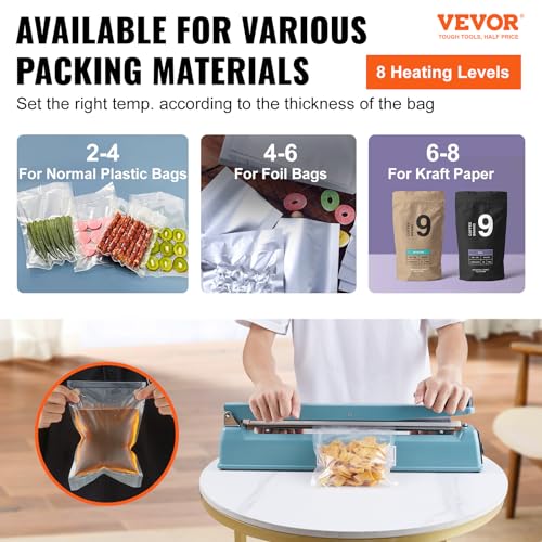 VEVOR Impulse Sealer 16 inch, Manual Heat Seal Machine with Adjustable Heating Mode, Iron Shrink Wrap Bag Sealers for Plastic Mylar PE PP Bags, Portable Poly Bag Sealing Machine with Extra Replace Kit