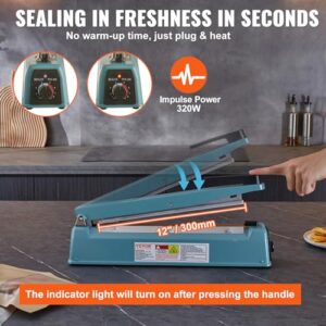 VEVOR Impulse Sealer 12 inch, Manual Heat Seal Machine with Adjustable Heating Mode, Iron Shrink Wrap Bag Sealers for Plastic Mylar PE PP Bags, Portable Poly Bag Sealing Machine with Extra Replace Kit