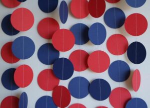 jeye red navy blue circle dots party garland decoration polka dots hanging streamer bunting banner backdrop decor for graduation birthday national day party supplies, pack of 2, 26ft/8m in total