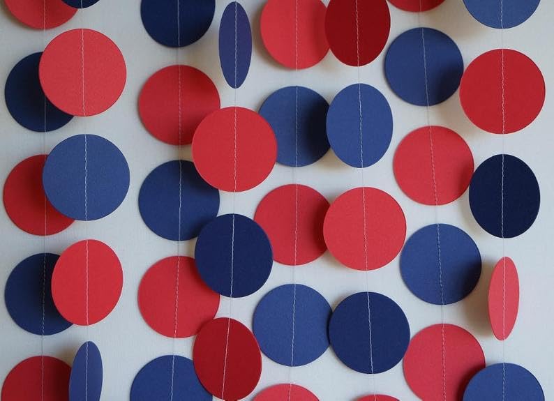 JEYE Red Navy Blue Circle Dots Party Garland Decoration Polka Dots Hanging Streamer Bunting Banner Backdrop Decor for Graduation Birthday National Day Party Supplies, Pack of 2, 26ft/8m in Total